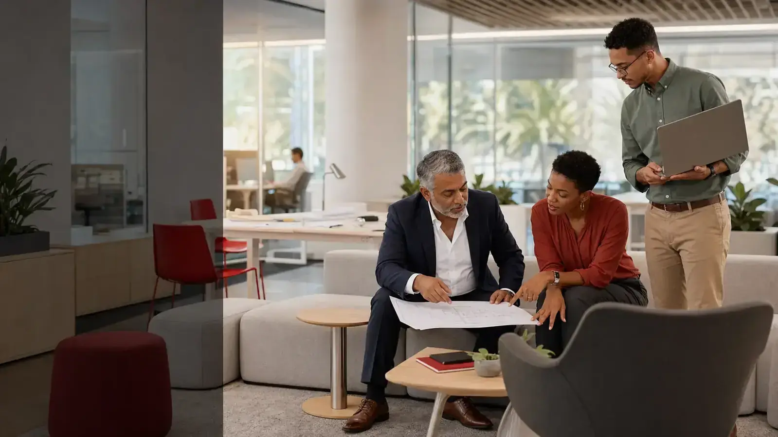 Three distinct workplace professionals reviewing a floor plan in a coordinated Bewil & Company collaboration space